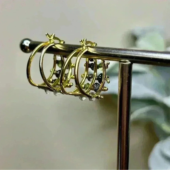 Gold Tone Stone Gem Hoop Earrings - Picture 3 of 3